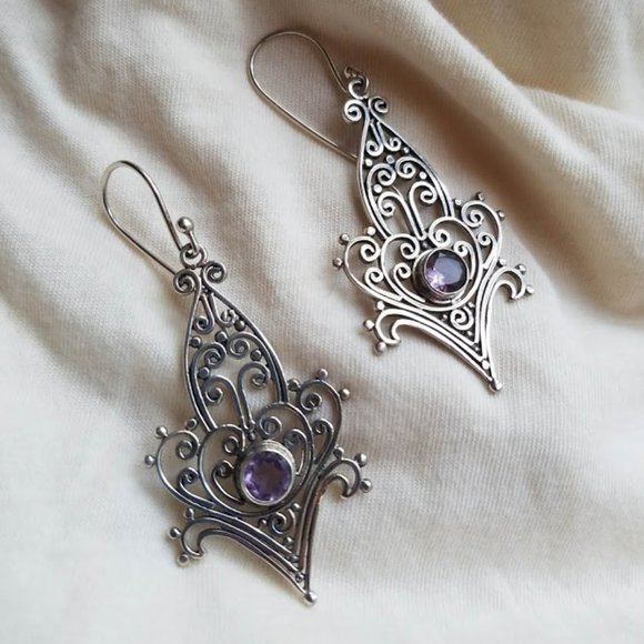 NEW Amethyst & Sterling Silver Filigree Boho Earrings Handmade Dangle Statement - Picture 5 of 7